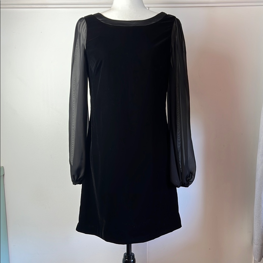 WHBM Bow Ribbon LBD Little Black Sheer Sleeves Dress White House Black Market